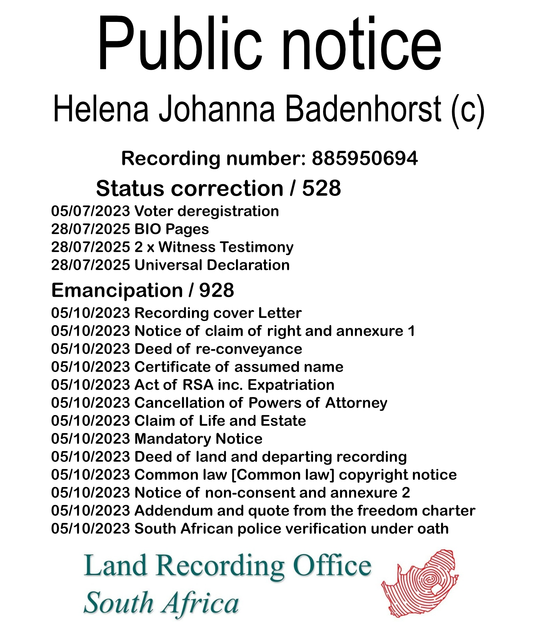 Public notice Helena Johanna Badenhorst (c) Recording number 885950694